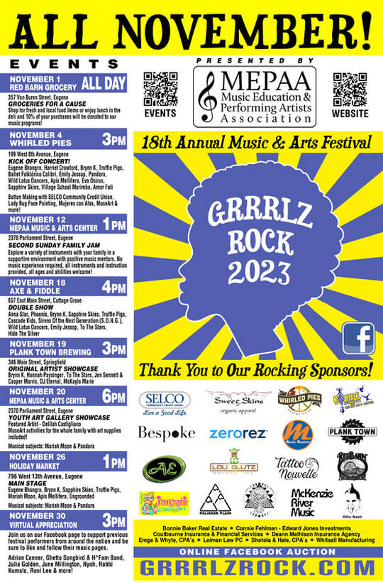 2023 Grrrlz Rock Poster. Events listed are November 1st at Red Barn Grocery (All Day), November 4th at Whirled Pies (3 pm), November 12th at MEPAA Music and Arts Center (1 pm),  November 18th at Axe & Fiddle (4 pm), November 19th at Plank Town Brewing (3 pm), November 20th at MEPAA Music and Arts Center (6 pm), November 26th at the Holiday Market (1 pm), and November 30th Virtual Appreciation (3 pm)